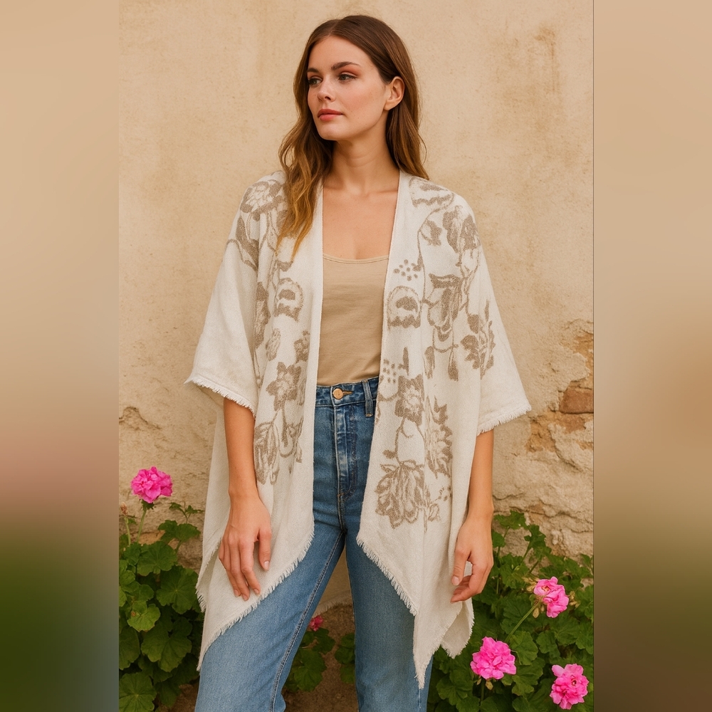 Lucky Brand Textured Floral Open‎ Front Shrug Wrap OS Cotton Blend Boho Jacquard